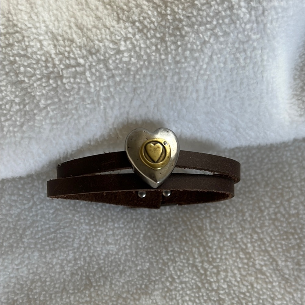 EUC Brighton Leather & Silver Heart of Gold Bracelet w touch of gold sizable